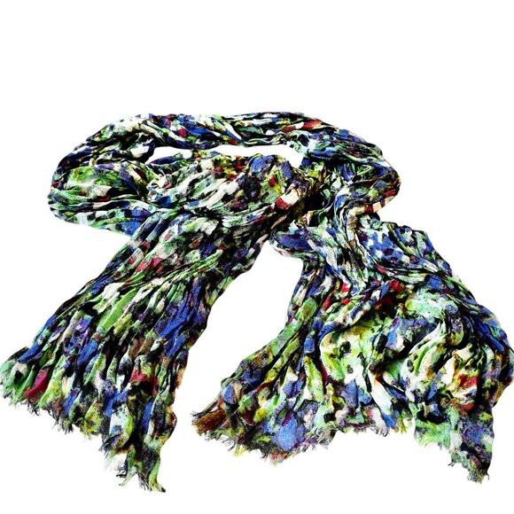 Ann Taylor Oblong Scarf Multi-Color Raw Fringe Rayon + Wool Watercolor 72" - Picture 6 of 15